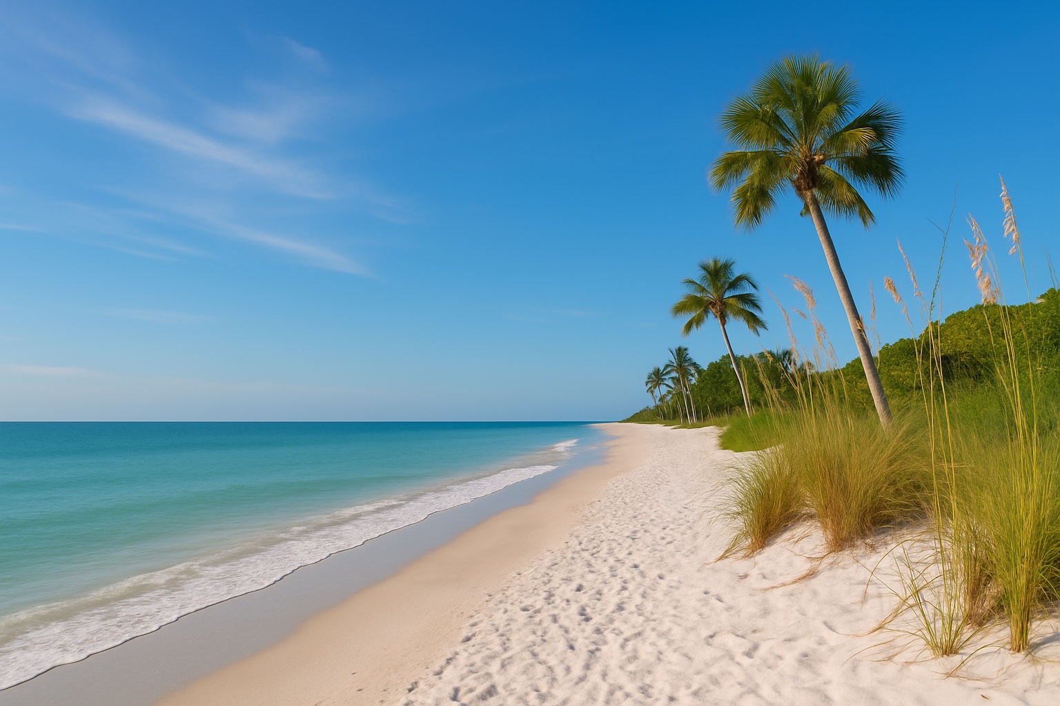 Pristine white sand and turquoise waters at Barefoot Beach in Bonita Springs, Florida.