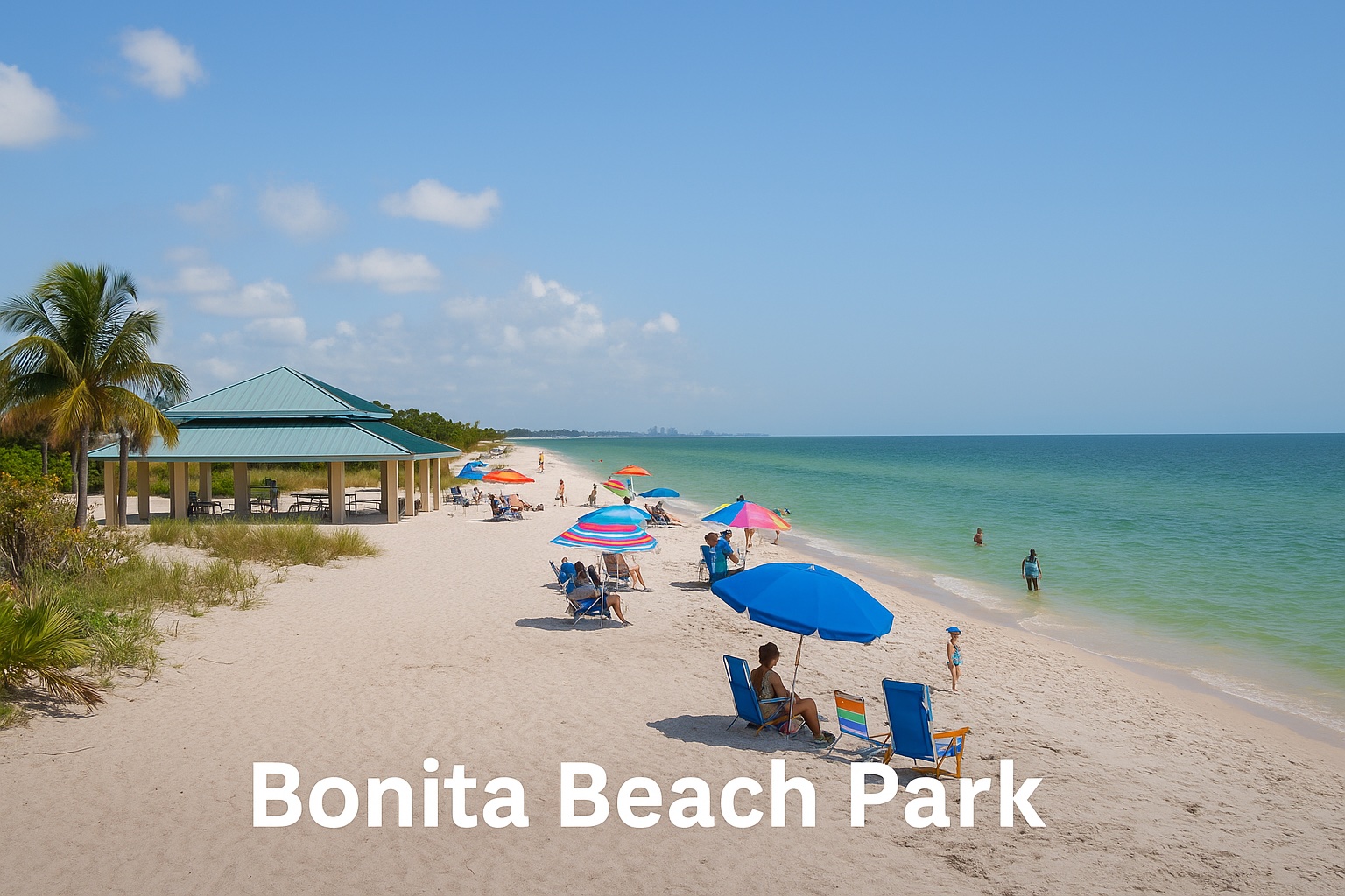 Beachfront pavilion and colorful umbrellas on the shore at Bonita Beach Park, Bonita Springs.