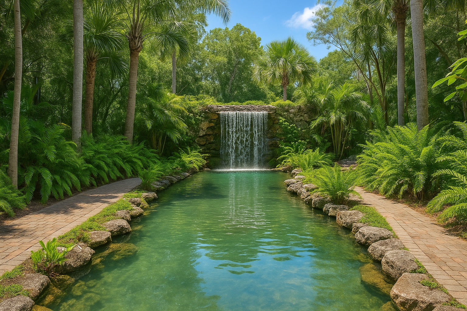Lush tropical garden and waterfall at Everglades Wonder Gardens, Bonita Springs, FL.