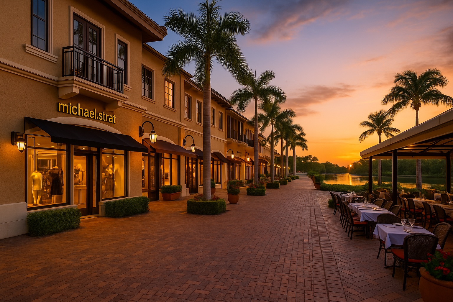 Outdoor shopping and dining area at The Promenade at Bonita Bay during sunset, Bonita Springs.